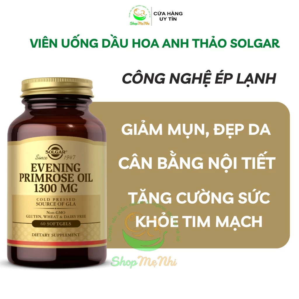 Viên uống dầu hoa anh thảo ép lạnh giảm mụn, cân bằng nội tiết Solgar evening primrose oil 1300 mg 60 viên.