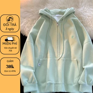 Áo Hoodie nữ zip unisex, khoác bomber nỉ bông Ulzzang, mũ áo trùm đầu 2 lớp, thân 1 lớp phong cách Hàn Quốc, thêu chữ C