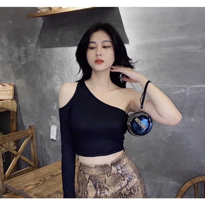 Áo croptop nữ tay dài HHVINTAGE kiểu khoét vai co giãn Top A32