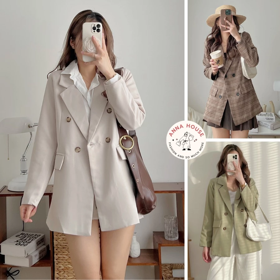 Áo blazer nữ 2 lớp trơn, kẻ caro tay dài cổ vest dáng rộng nhiều màu, áo khoác ngoài blazer nữ 2 lớp dài tay Hàn Quốc