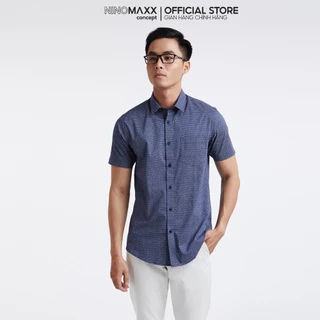 N&M Áo Sơ Mi Nam ngắn tay cổ bẻ màu xanh than có họa tiết sọc 100% cotton 1910133