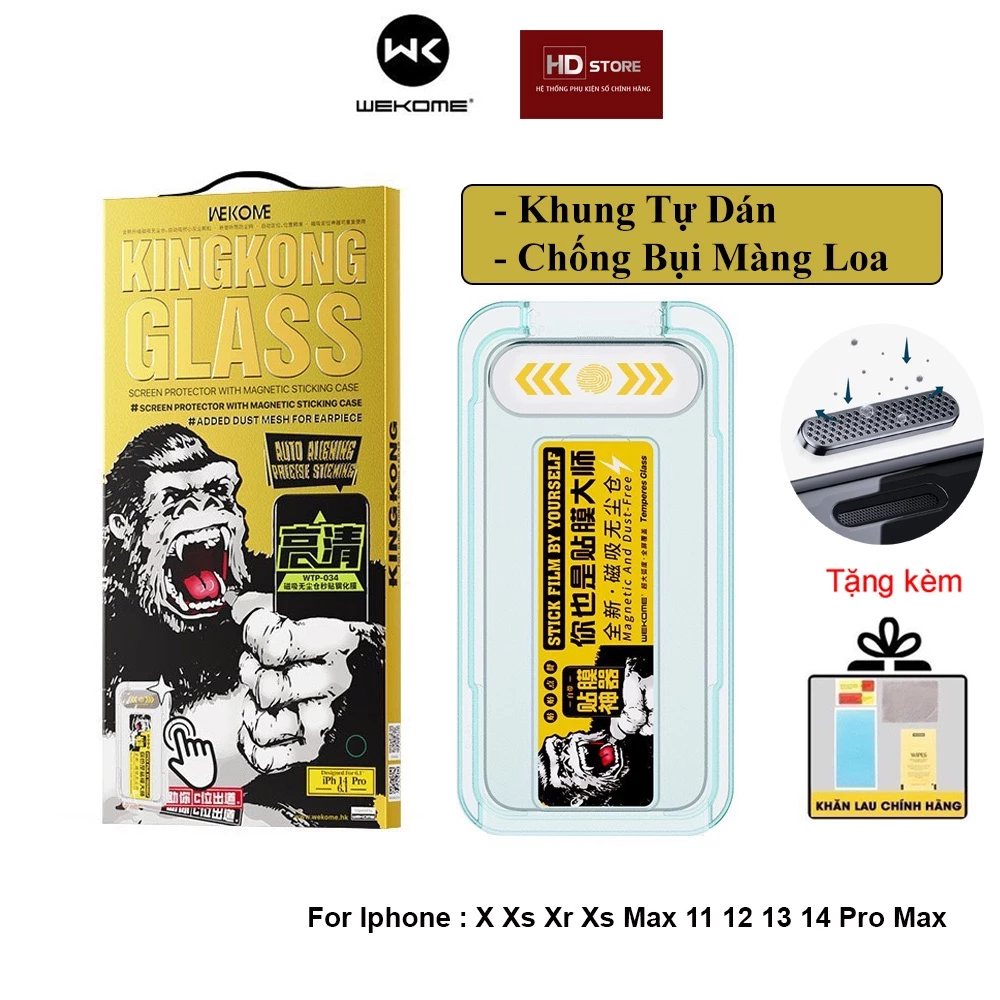 Kính Cường lực KingKong tự dán kèm Khung Chống bụi màng loa Chống vân tay  WK Wekome Iphone 11 12 13 14 Pro Max WTP-034