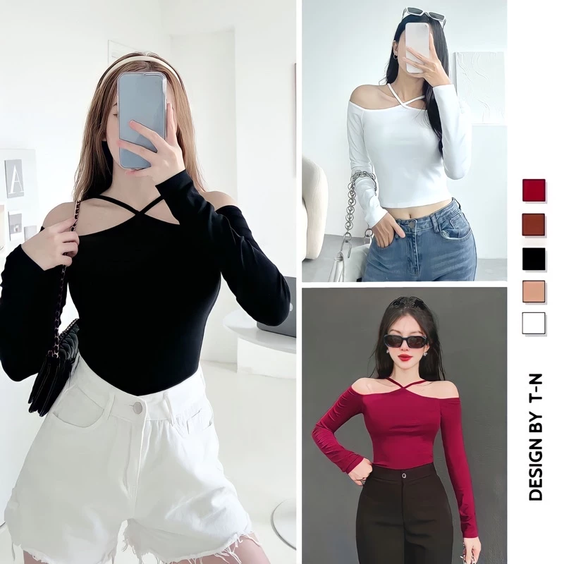 Áo croptop tay dài trễ vai ôm body T&N TSHIRT COLLECTION chất borip cotton co dãn thoáng mát với thiết kế trễ vai, cổtrễ