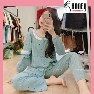 Bộ Đồ Bầu Cotton Và Sau Sinh 2 Chức Năng Dài Tay Kết Hợp Cho Con Bú Dễ Thương, Bộ Ngủ Bầu Mặc Ở Nhà HT4618 Honey Mommy