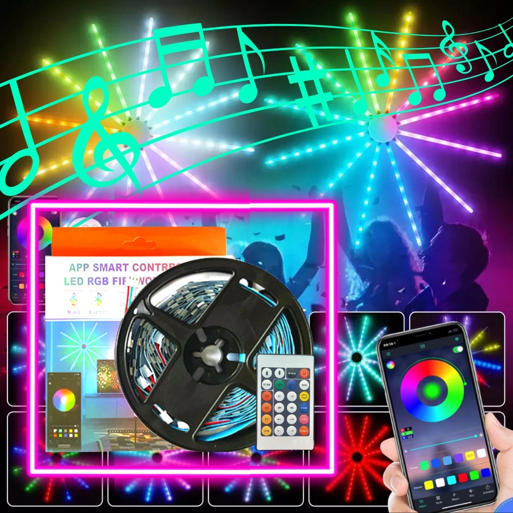Đèn led pháo hoa trang trí tết 2023 RGB,có app điều chỉnh trên điện thoại, cảm biến âm thanh, dải led siêu thực