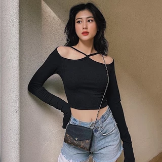 Áo croptop nữ tay dài HHVINTAGE kiểu yếm khoét vai thun co giãn Top A29