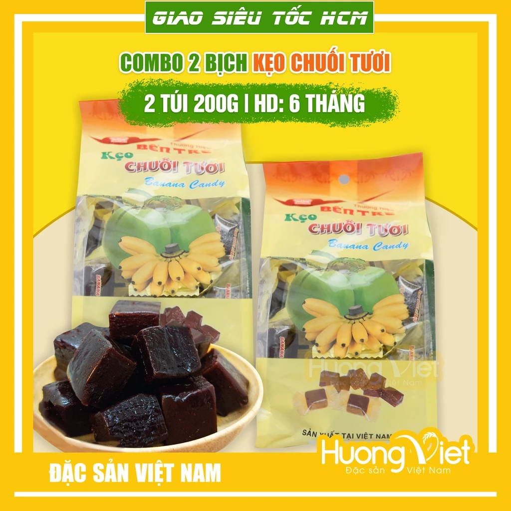 Combo 2 bịch kẹo chuối tươi Bến Tre, kẹo chuối miền tây túi 200g, bánh kẹo tết