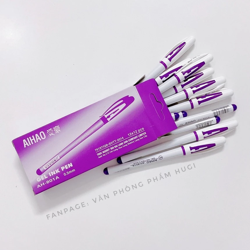 Hộp 12 Cây Bút Gel Mực Nước Chữ A Aihao – Mực Xanh/Tím/Đỏ/Đen, Mực Đậm Đều, Dành Cho Học Sinh