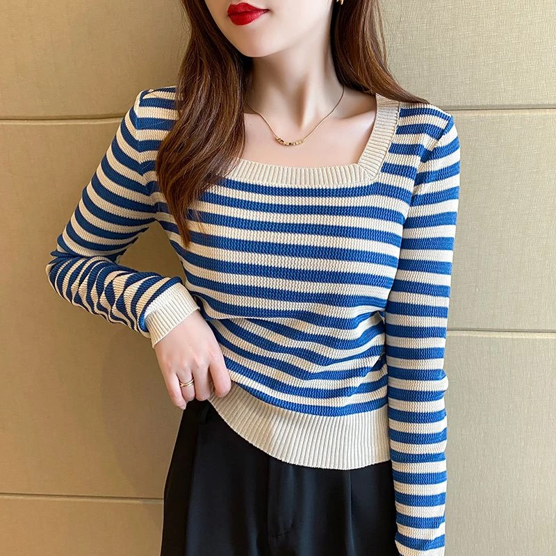 Áo sweater Tay Dài Cổ Vuông Họa Tiết Kẻ Sọc Thời Trang Xuân Thu Hàn Quốc Mới 2023 Cho Nữ