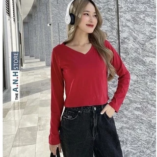 Áo thun cổ tim Croptop nữ dài tay chất cotton phom suông nhẹ ANHSTORE , phong cách Basic Hàn Quốc