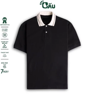 Áo thun Polo GẤU 194 Trơn Unisex vải cá sấu Poly co dãn 4 chiều dày dặn form gerular fit - PL Sọc Ca Cao Viền Nâu