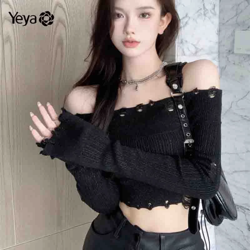 Áo sweater dệt kim YEYA thiết kế hở vai màu trơn thời trang quyến rũ cho nữ