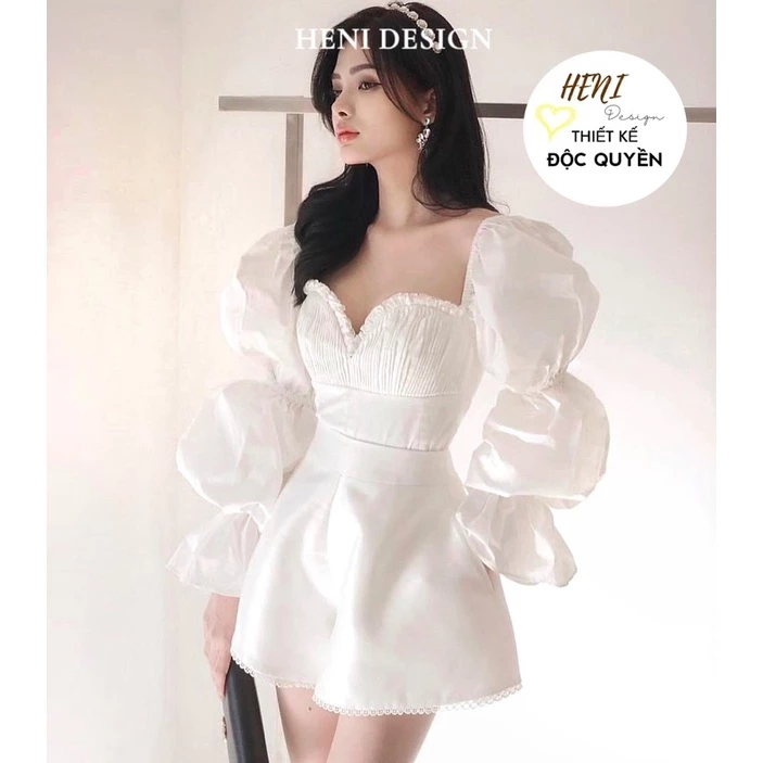 ALICE 𝐒𝐄𝐓 | Áo Croptop Tay Dài Bồng (có mút ngực) +Quần Trắng Viền Ren [ HÀNG THIẾT KẾ CAO CẤP ],Heni Design,áo cổ vuông