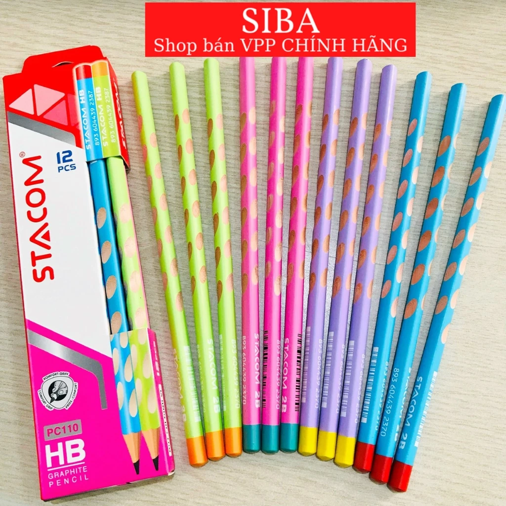Bút chì định vị tay cầm, hộp 12 cây chì cho bé tập viết Stacom PC110 2B/ HB nhiều màu sắc