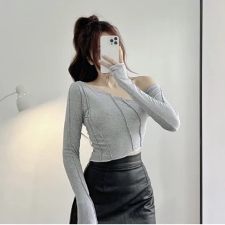 Áo croptop nữ tay dài HHVINTAGE kiểu lệch tà viền nổi co giãn Top A38