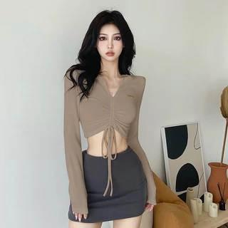 Weird Puss Áo thun croptop tay dài cổ chữ V thiết kế dây rút màu trơn phong cách Hàn Quốc thời trang dành cho nữ