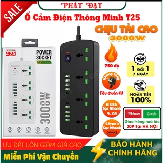 Ổ cắm điện thông minh POWER T25 sử dụng đa năng 8 cổng USB 2 cổng type c sạc nhanh 4.2A Max 3000W an toàn dây dài 2m