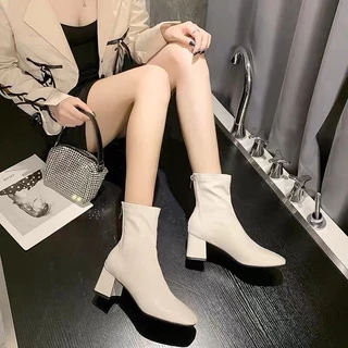 Giày boots da nữ gót vuông khoá sau mã 99333 , bốt nữ da mềm thời trang mới