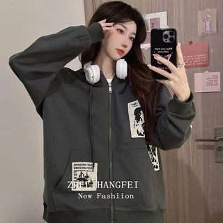 Áo hoodie ZHELIHANGFEI dài tay dáng rộng phong cách retro Mỹ