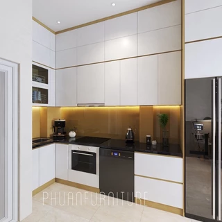 Tủ bếp thùng nhựa picomat cánh phủ acrylic an cường trắng chuẩn sịn