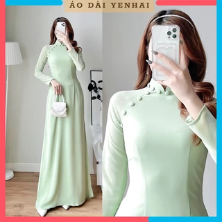 Áo dài truyền thống 4 tà thiết kế cúc bọc lụa cát chiffon cao cấp màu xanh matcha | CF12