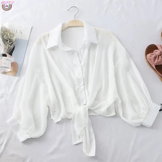 Áo Sơ Mi Chiffon Mỏng Chống Nắng Dáng Rộng Buộc Dây Phía Trước Tay Lửng Thời Trang Mùa Hè Cho Nữ