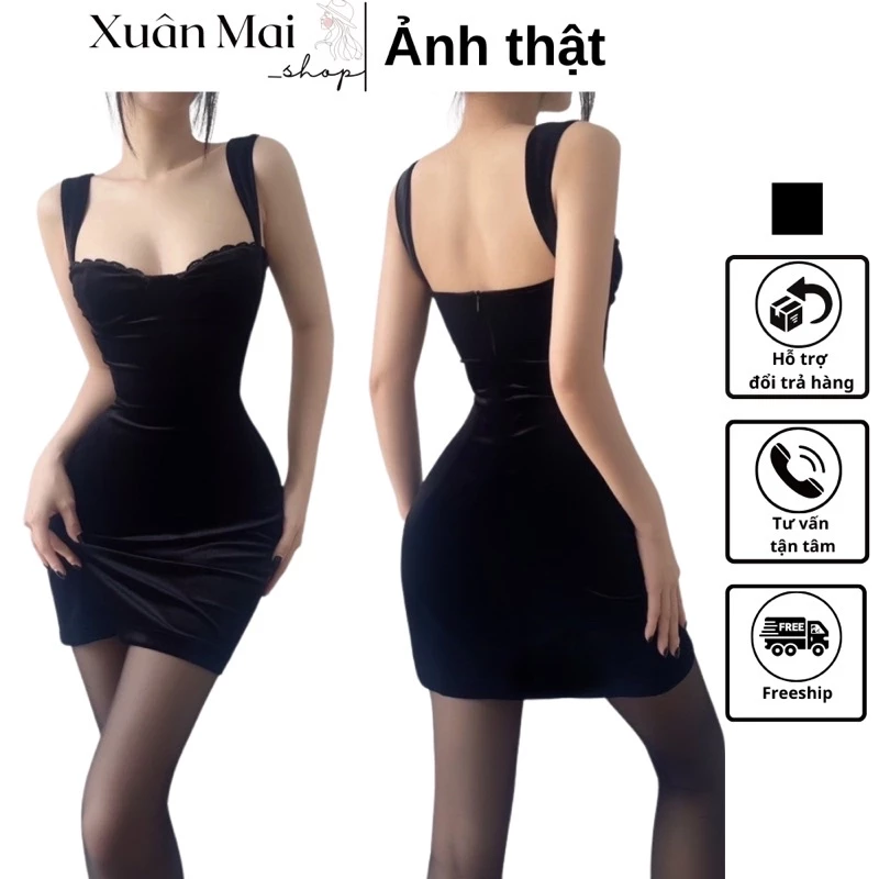 [FREESHIP] Đầm nhung khoét eo hai dây mút ngực dày dặn sexy