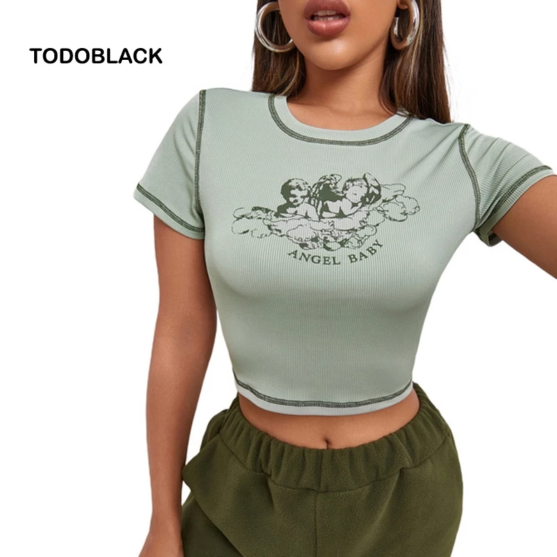 Áo thun croptop TODOBLACK tay ngắn cổ tròn in hình thời trang mùa hè dành cho nữ