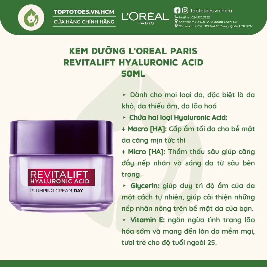 Kem dưỡng siêu cấp ẩm căng mịn da L'Oreal Paris Revitalift Hyaluronic Acid 50ml [NHẬP KHẨU CHÍNH HÃNG 100%]