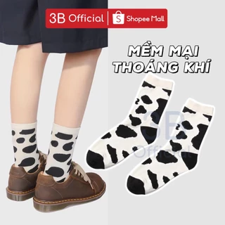 Tất nam nữ cổ cao thiết kế Hàn Quốc cotton 3B thoáng khí, mềm mịn- Họa tiết bò sữa dài