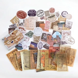 Set mix 60 sticker giấy nền style vintage retro TEM TRAVEL DU LỊCH trang trí Sổ Bullet Journal, decor thư thiệp quà tặng