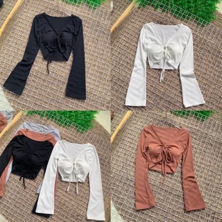 Áo Croptop Tay Dài Cổ Chữ V Dáng Ôm Thời Trang Quyến Rũ Cho Nữ, áo tay loe A129