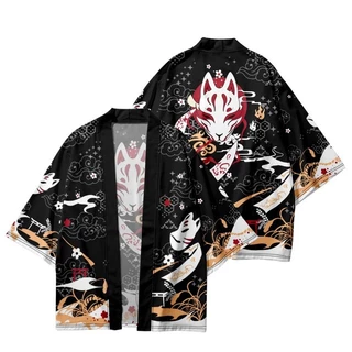 Áo Khoác Kimono Đỏ Đen In Hình Cáo Phong Cách Nhật Bản Cho Nam Nữ