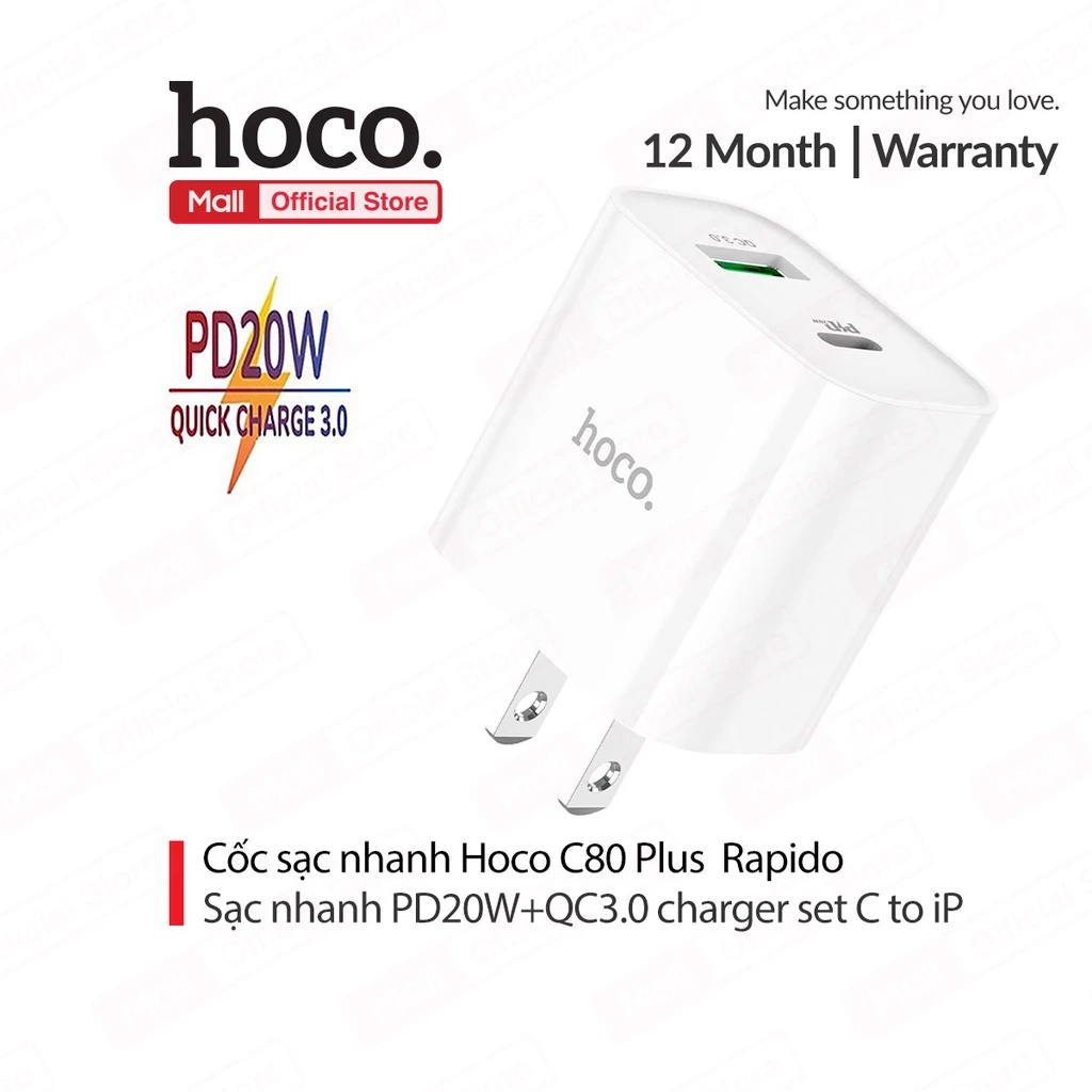 Củ sạc nhanh Hoco C80 Plus PD20W+QC3.0 2 cổng sạc USB VÀ Type-C (CHÂN DẸT)