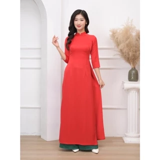 Áo dài đỏ trơn truyền thống vải Tây Thi co giãn kiểu Cổ Cao may sẵn 2 tà mặc đám cưới hỏi lễ tết đẹp cân nặng 40-70kg