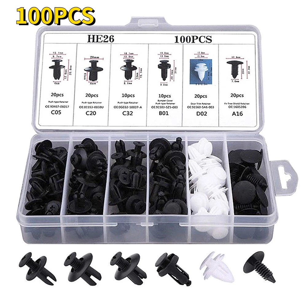 [Hàng Sẵn] Bộ 100 Chốt Vít Vặn Các Bộ Phận Trên Xe Hơi Chất Liệu Nhựa Kèm Hộp Đựng