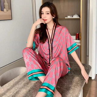 [L06] Bộ Ngủ Mặc Nhà Pijama Lụa  Cộc Tay, Nữ Tính Phong Cách Hàn Quốc (HÀNG QUẢNG CHÂU) 2023