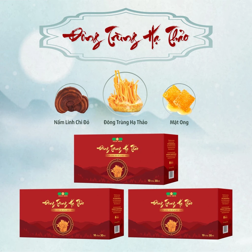 [SET QUÀ TẶNG CAO CẤP] - Đông Trùng Hạ Thảo, Nấm Linh Chi Đỏ, Mật Ong thượng hạng (3 hộp X10lọ/hộp)