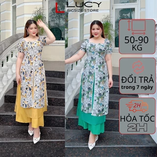 Áo dài bigsize nữ cách tân kiểu họa tiết tà kèm quần LUCY 50 - 90 kg AD-001