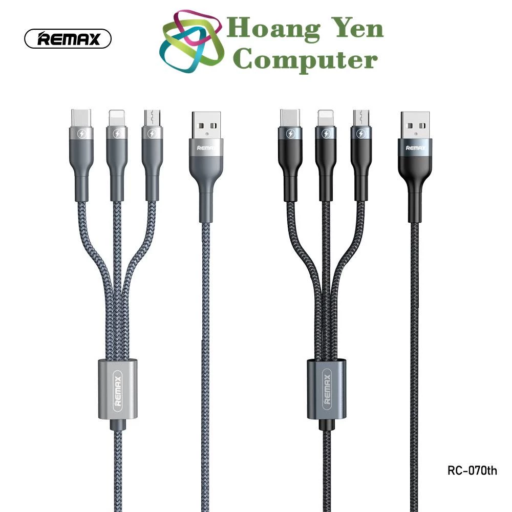 Cáp Sạc 3 Đầu Remax RC-070TH - Dây Dù Dài 1.2m - Bảo Hành 6 Tháng - Hoàng Yến Computer