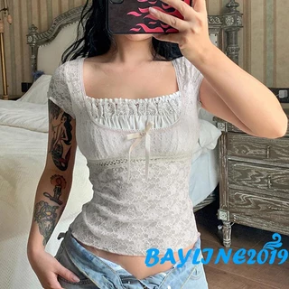 Bay-áo Thun Crop Top Tay Ngắn Cổ Vuông Phối Ren Màu Hồng Mùa Hè Cho Nữ Size S / M / L