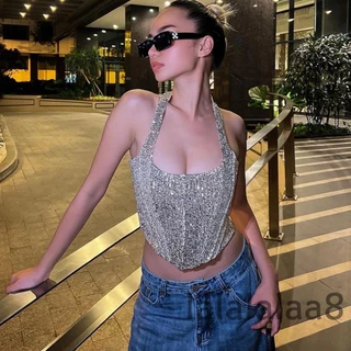 Áo Croptop Hai Dây Đính Kim Sa Lấp Lánh LAA8 Thời Trang Mùa Hè Cho Nữ