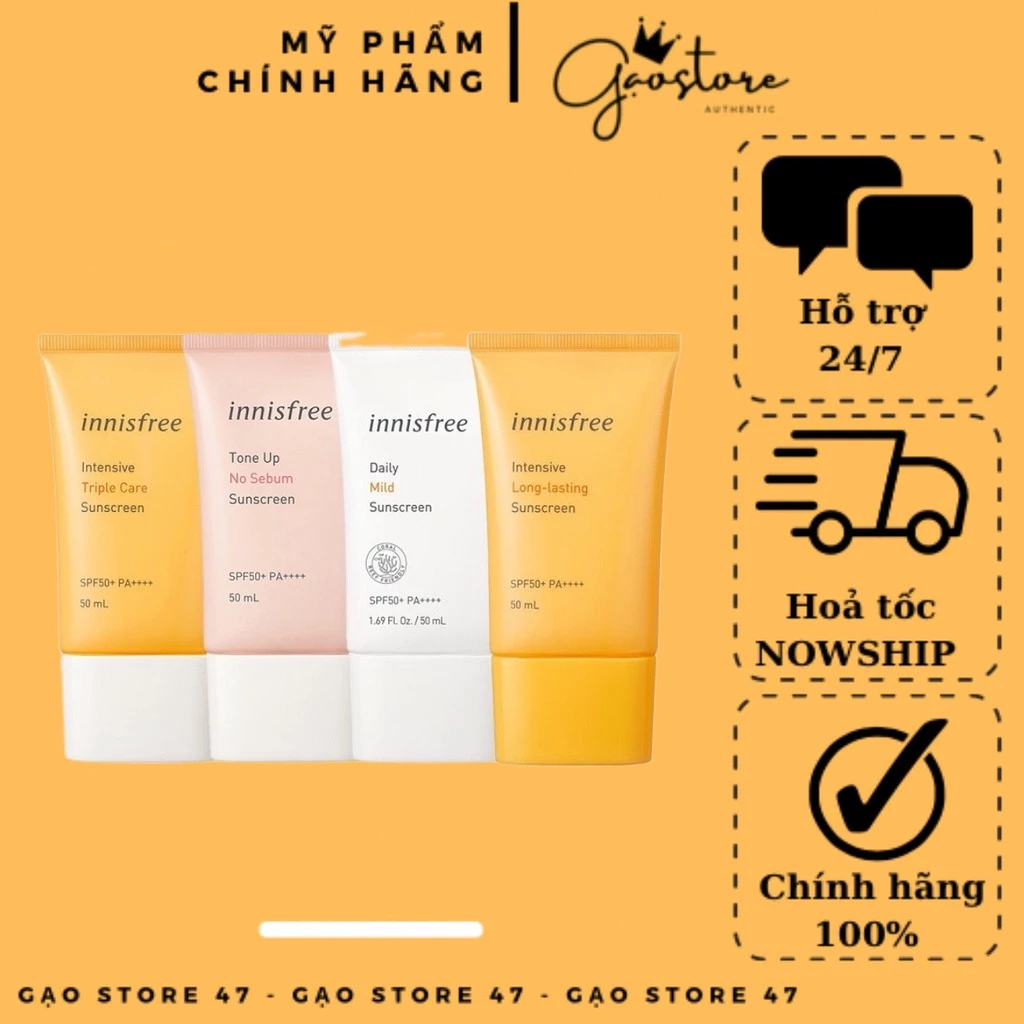 Kem Chống Nắng Innisfree SPF50 PA++++ giúp dưỡng ẩm nâng tone, dưỡng da Tone Up Watering/ Triple-Shield 50ml