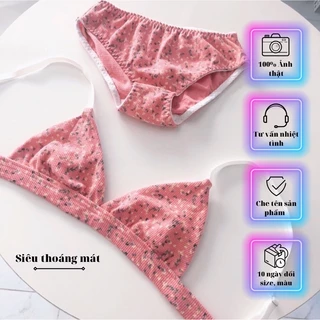 Bộ đồ lót áo bralette cotton hoa nhí hồng đỗ