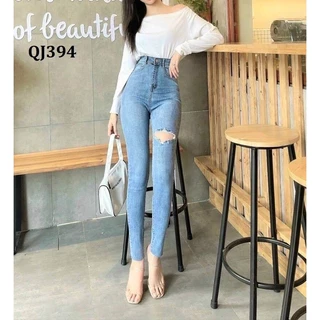 Quần Jeans Nữ Rách Gối Lưng Cao Phủ Rốn Form Skinny Đẹp QJ394