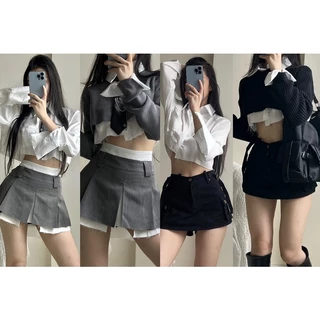 Sweater len croptop- Sơ mi lụa trắng croptop - Chân váy Xếp ly xám phối ( Bán tách set)