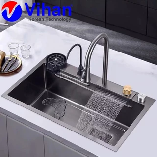 Bồn rửa chén thác nước 1 hố kèm vòi và phụ kiện nano đen kích thước 78x46x23cm