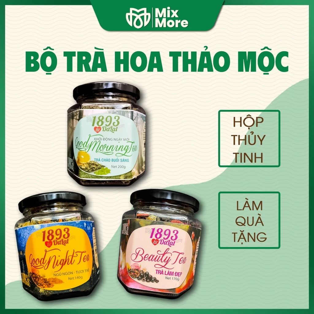 Bộ trà hoa thảo mộc sấy khô Đà Lạt 1893, trà buổi sáng, chiều, tối, quà tặng ý nghĩa Mixmore