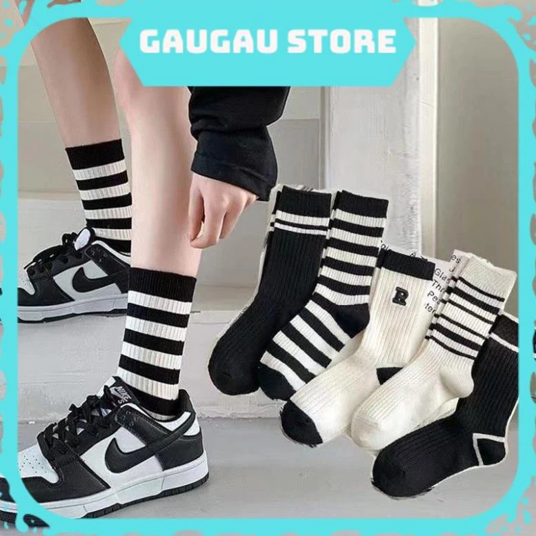Tất Cổ Trung Họa Tiết Kẻ Sọc Đen Trắng Phong Cách Thời Trang Đường Phố Cho Nam Nữ [ Hỏa Tốc HCM ]