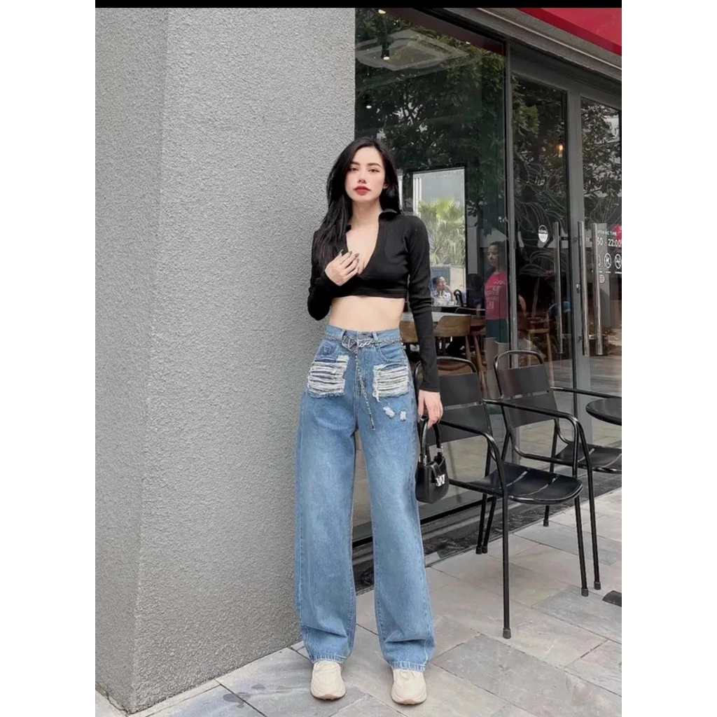 [SALE XẢ KHO]Quần jeans nữ Suông ống rộng lưng cao Big Size 55-90kg 4457 kiểu dáng ống suông rộng